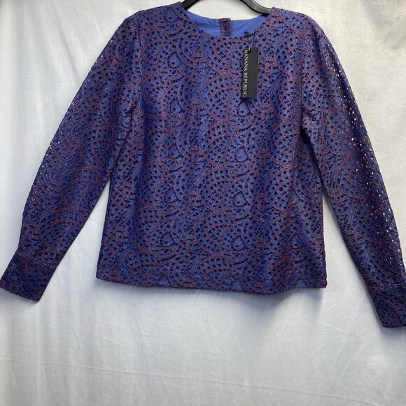 Banana Republic Lace Overlay Long Sleeve Round Neck Blouse Women Small Blue New - Picture 1 of 16